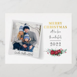 Frohe Weihnachten Familienfoto Botanisch Gold Folien Feiertagspostkarte