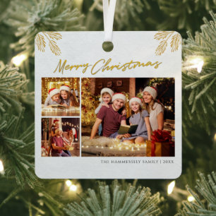 Frohe Weihnachten Familienfoto Collage Feiertage Ornament Aus Metall