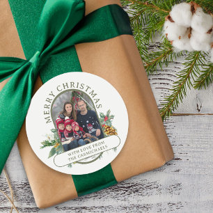 Frohe Weihnachten Familienfoto Stechpalme und Kief Runder Aufkleber