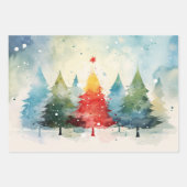 "Frohe Weihnachten" farbenfrohe Pinien Bäume Geschenkpapier Set (Vorderseite 3)