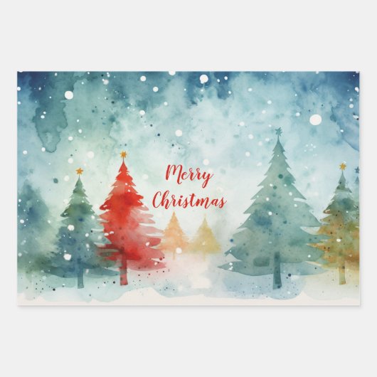 "Frohe Weihnachten" farbenfrohe Pinien Bäume Geschenkpapier Set (Vorderseite 2)