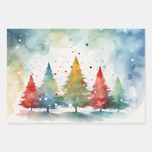 "Frohe Weihnachten" farbenfrohe Pinien Bäume Geschenkpapier Set (Vorderseite)