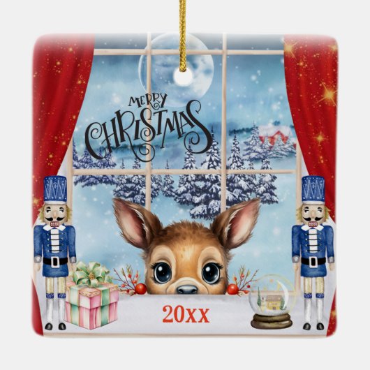 Frohe Weihnachten - Fawn Peeking Through Window Keramikornament (Rückseite)