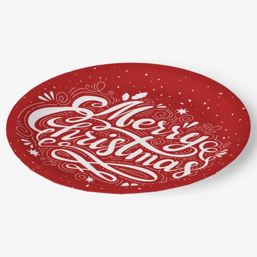 Frohe Weihnachten Feierlich rot und weiß Pappteller (Schrägansicht)