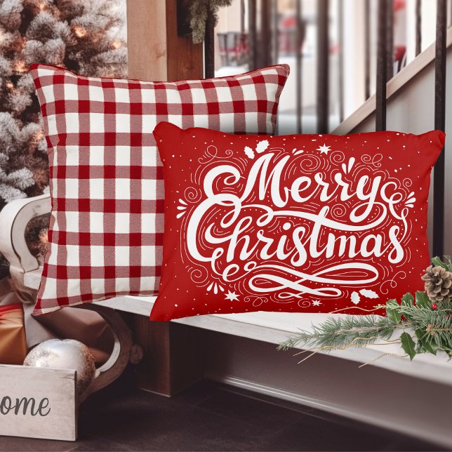 Frohe Weihnachten Feierliche Rot und Weiß Urlaub Dekokissen (Merry Christmas Festive Red and White Holiday Accent Pillow)