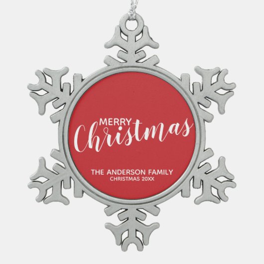 'Frohe Weihnachten' Festival Red Schneeflocken Zinn-Ornament (Vorderseite)