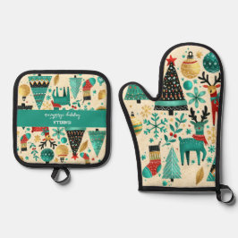 Frohe Weihnachten - Festliche Bäume und Rentiere Ofenhandschuh & Topflappen-Set