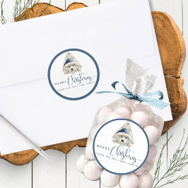 Frohe Weihnachten, festliche Welpe, Blau und Weiß Runder Aufkleber