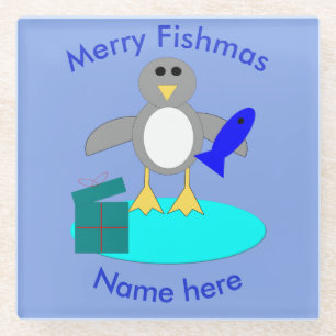 Frohe Weihnachten Fischen Pinguin Glass Untersetze Glasuntersetzer