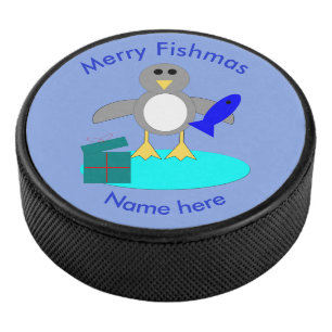 Frohe Weihnachten Fischen Pinguin Hockey Puck