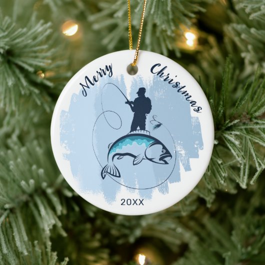 Frohe Weihnachten Fisherman fängt Fischschmuck Keramik Ornament (Baum)