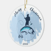 Frohe Weihnachten Fisherman fängt Fischschmuck Keramik Ornament (Links)