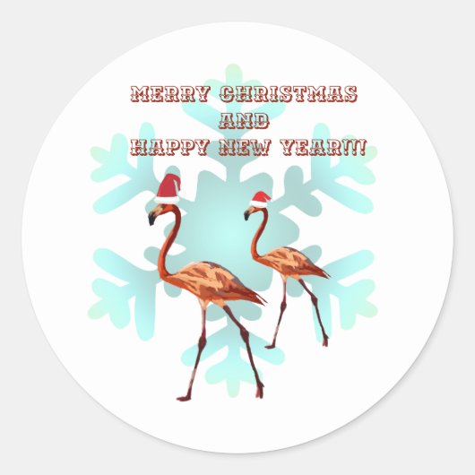 Frohe Weihnachten, Flamingos-Sticker für das neue Runder Aufkleber (Vorderseite)