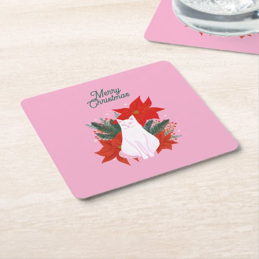 Frohe Weihnachten Floral Cat Rechteckiger Pappuntersetzer (angewinkelt)