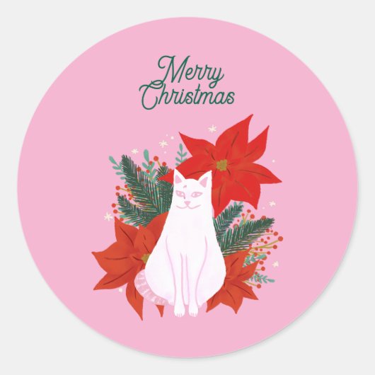 Frohe Weihnachten Floral Cat Runder Aufkleber (Vorderseite)