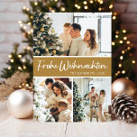Frohe Weihnachten Foto Collage<br><div class="desc">Diese fantastische 3-Foto-Urlaubskarte mit "Frohe Weihnachten!" in einem modernen Skript-Schriftart und Ihrem Familiennamen und Jahr in einem feinen,  klassischen Schriftart,  beides weiß auf Gold mit einem passenden Rücken,  ist ideal für den Versand an Ihre Familie und Freunde. Jeder wird Liebe bekommen neue Fotos Ihrer Familie!</div>