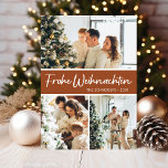 Frohe Weihnachten Foto Collage<br><div class="desc">Diese fantastische 3-Foto-Urlaubskarte mit "Frohe Weihnachten!" in einem modernen Script-Schriftart und Ihrem Familiennamen und Jahr in einem feinen Schriftart mit traditioneller Kappe,  beides weiß auf Terrakotta mit passendem Rücken,  ist ideal für den Versand an Ihre Familie und Freunde. Jeder wird Liebe bekommen neue Fotos Ihrer Familie!</div>