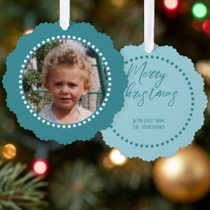 Frohe Weihnachten Foto Familienname Blau Ornament Karte