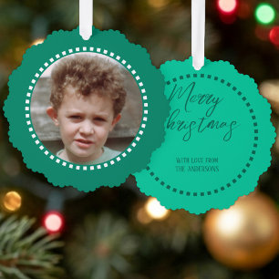 Frohe Weihnachten Foto Familienname grün Ornament Karte