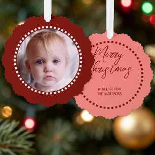 Frohe Weihnachten Foto Familienname rot Ornament Karte