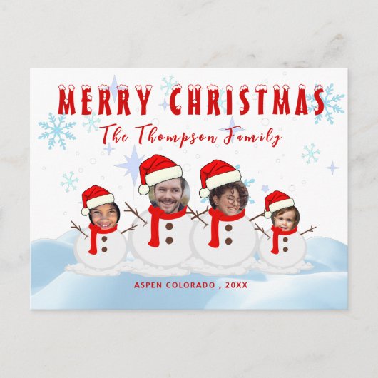 Frohe Weihnachten Foto Funny Snowman Familie Postkarte (Vorderseite)
