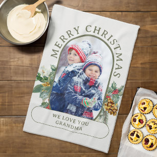 Frohe Weihnachten Foto Holly und Kiefer Personalis Geschirrtuch