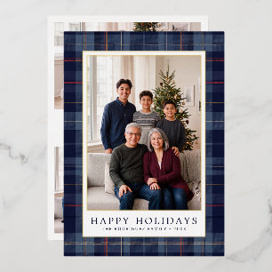 Frohe Weihnachten Foto mit Navy Tartan Karomuster- Folien Feiertagskarte