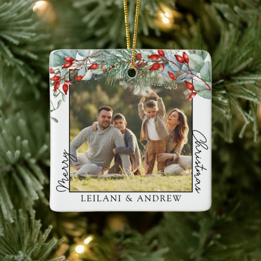 Frohe Weihnachten Foto und Wasserfarbe Holly Keramikornament (Baum)