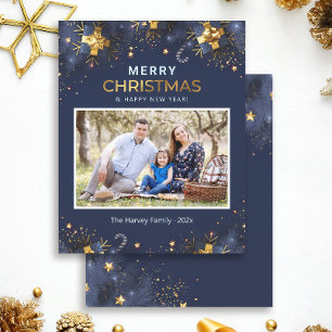 Frohe Weihnachten Fotokarte in goldenem Blau