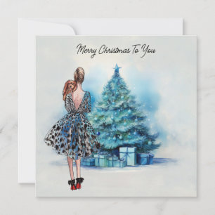 Frohe Weihnachten Frau und blauer Weihnachtsbaum Karte