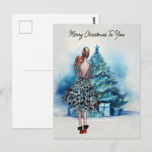 Frohe Weihnachten Frau und blauer Weihnachtsbaum Postkarte
