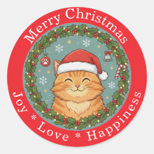 Frohe Weihnachten Freude Liebe Glück Süße Katze Runder Aufkleber