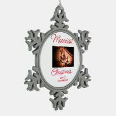 Frohe Weihnachten fügen Familienname Foto rot einf Schneeflocken Zinn-Ornament (Links)