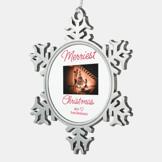 Frohe Weihnachten fügen Familienname Foto rot einf Schneeflocken Zinn-Ornament (Rechts)