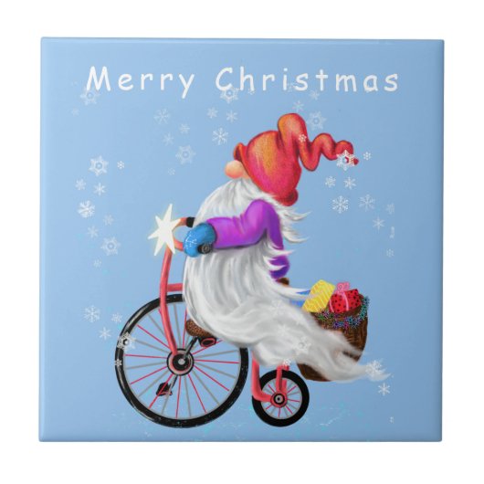 Frohe Weihnachten - Funny Gnome mit Bike und Gesch Fliese (Vorderseite)