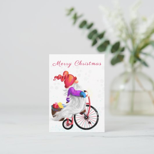 Frohe Weihnachten - Funny Gnome mit Bike und Gesch Mitteilungskarte (Stehend Vorderseite)