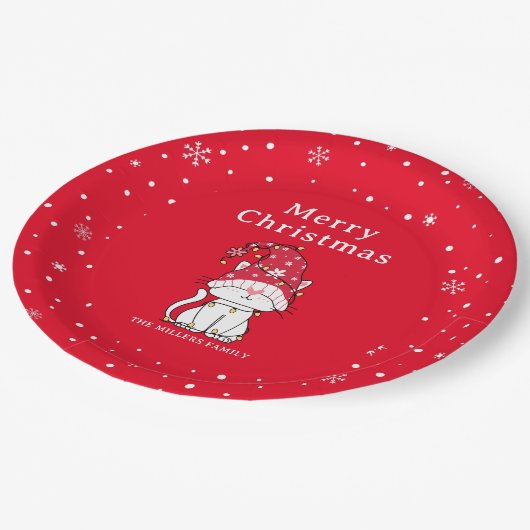 Frohe Weihnachten Funny Niedlich Christmas Cat Pappteller (Schrägansicht)