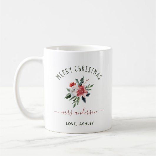 Frohe Weihnachten für Lehrer | Aquarellblume Kaffeetasse (Links)