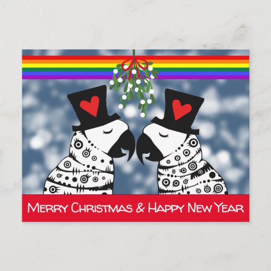 Frohe Weihnachten Gay Parrots unter dem Mistleton Postkarte (Vorderseite)