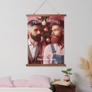 Frohe Weihnachten Gay Retro Rosa Benutzerdefinie Wandteppich Mit Holzrahmen