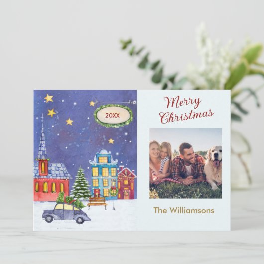 Frohe Weihnachten gemütliche Village Szene Foto We Karte (Stehend Vorderseite)