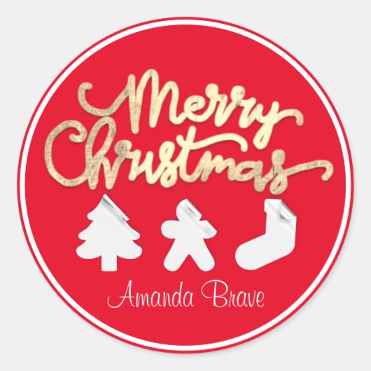 Frohe Weihnachten Gerahmt Tree Name Gold Red White Runder Aufkleber (Vorderseite)