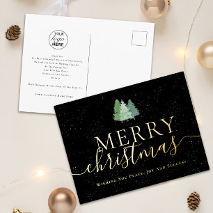 Frohe Weihnachten Geschäft Logo Schnee Tannen Gold Folien Feiertagspostkarte