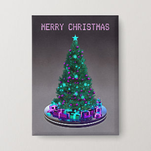 Frohe Weihnachten. Geschmückter Baum mit Geschenke Button