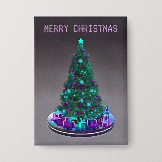 Frohe Weihnachten. Geschmückter Baum mit Geschenke Button (Vorderseite)