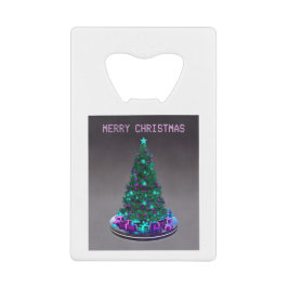 Frohe Weihnachten. Geschmückter Baum mit Geschenke Geldbeutel Flaschenöffner