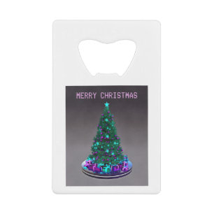 Frohe Weihnachten. Geschmückter Baum mit Geschenke Geldbeutel Flaschenöffner