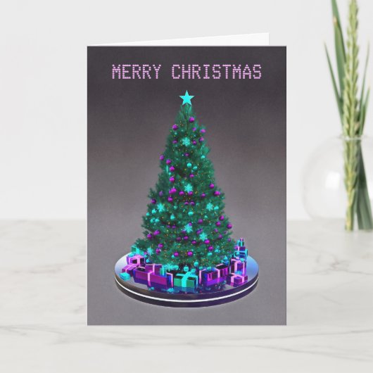 Frohe Weihnachten. Geschmückter Baum mit Geschenke Karte (Vorderseite)