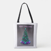 Frohe Weihnachten. Geschmückter Baum mit Geschenke Tasche (Rückseite)