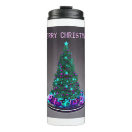 Frohe Weihnachten. Geschmückter Baum mit Geschenke Thermosbecher